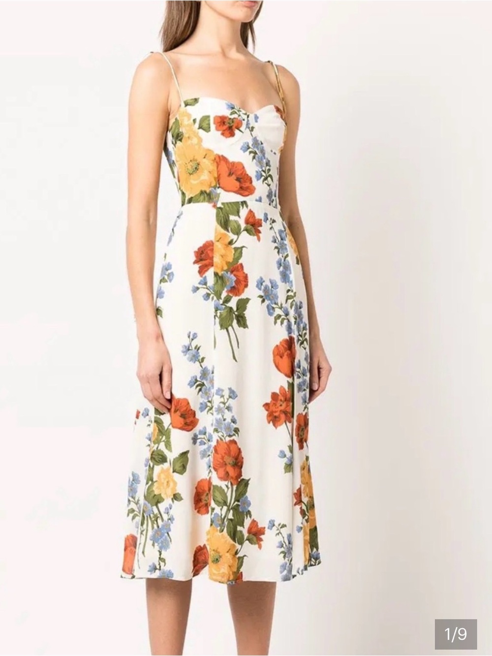Juliette Reformation White Floral Midi Dress with Orange, Yellow & Blue Blooms